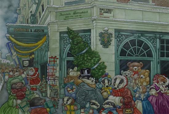 Angel Dominguez, watercolour, Christmas outside Fortnum & Mason, 28 x 42cm